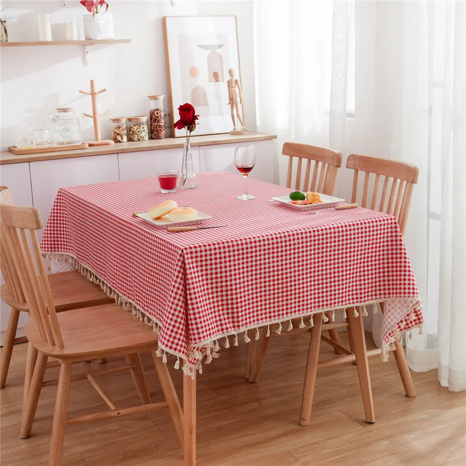 

Macrame Tassel Tablecloth Checkered Buffalo Check Plaid Linen Cotton Picnic Blanket Table Cover Mantel Red Home Decorative