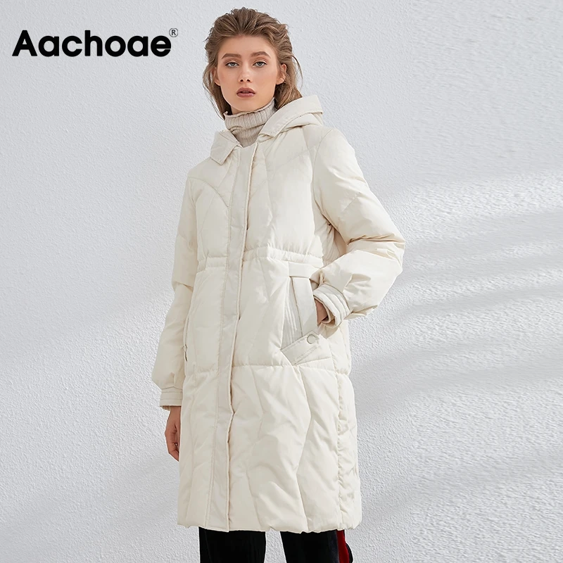 Aachoae Solid Women Long Down Jacket Casual Hooded