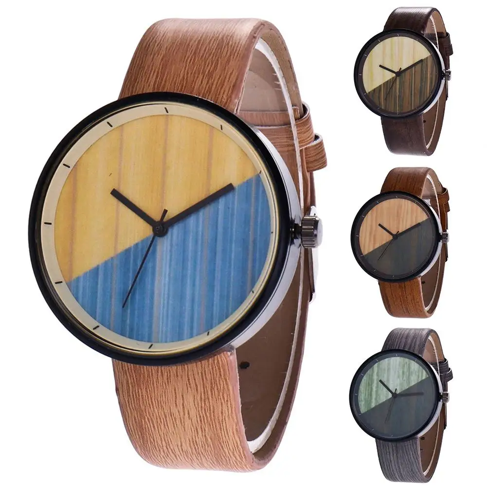 Ретро унисекс деревянные зерна круглый циферблат из искусственной кожи ремешок