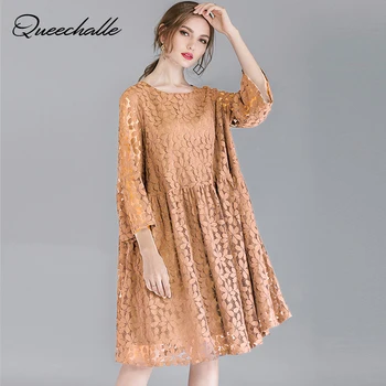 

4XL Plus Size Lace Dress Women Sweet Back Lace Up Collar Hollow Elegant Dress A-line Loose Flare Sleeve Party Dress Khaki Black