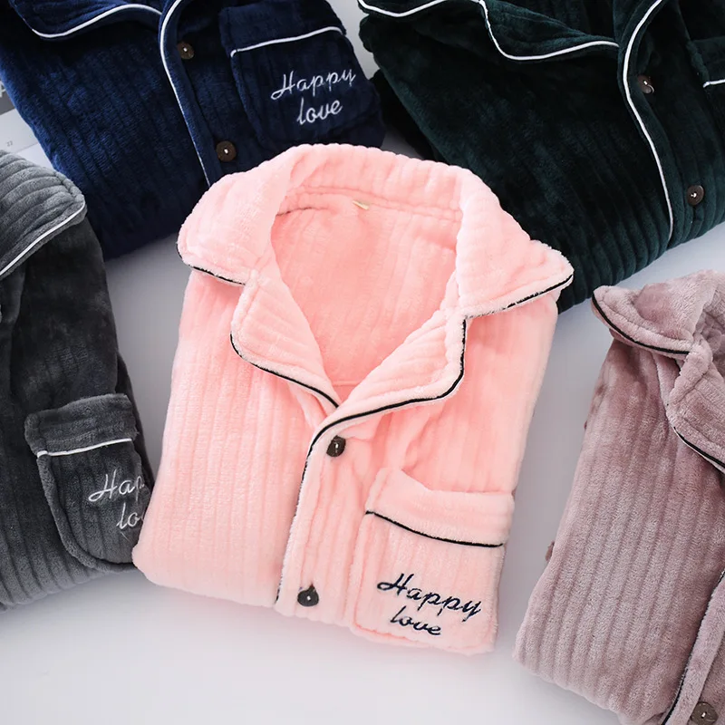 Winter Couples Casual Pajama sets Men Thick Warm velvet Sleepwear suit Male Long sleeve Turn-down collar Coat+ Pants XXL