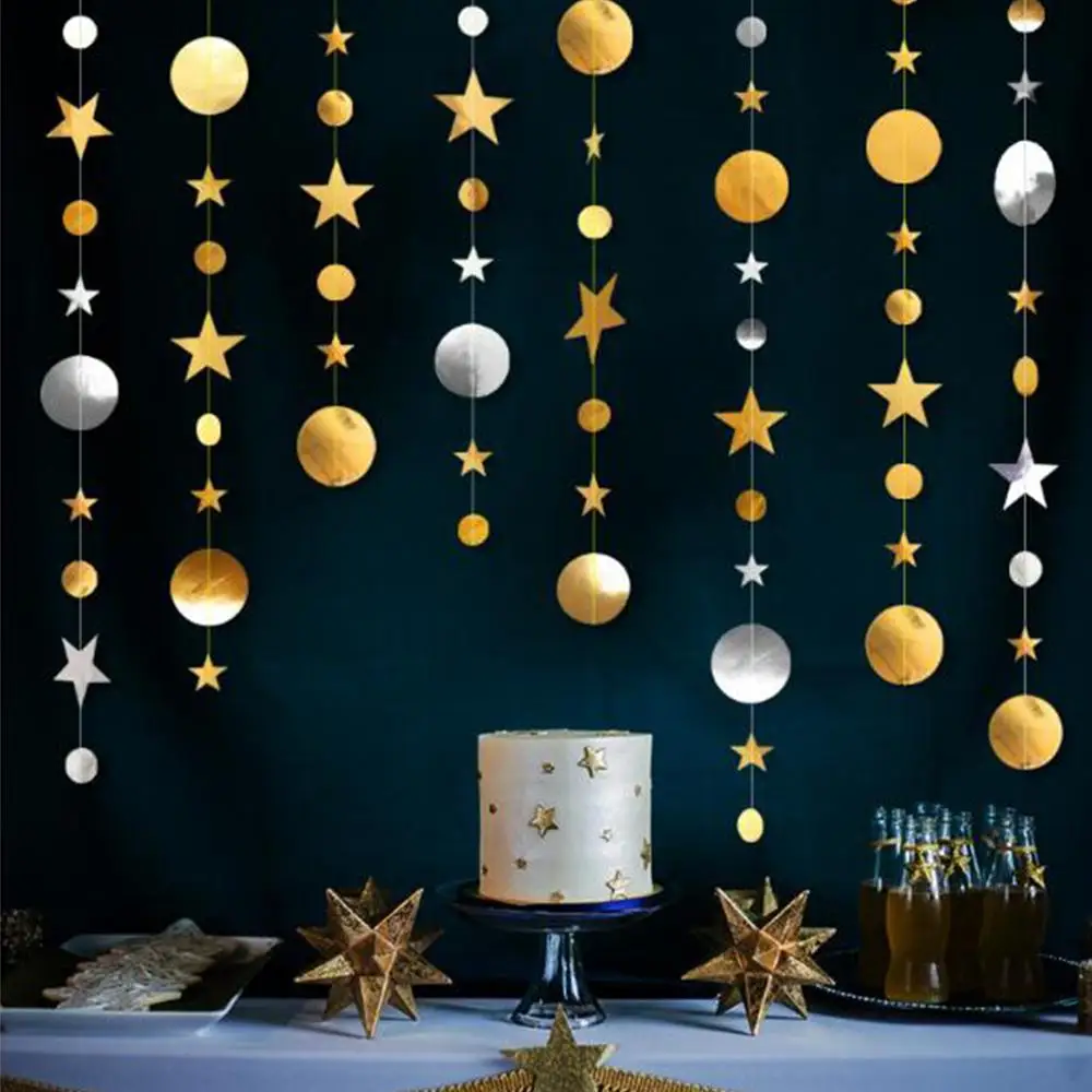 4-meter Gold Silver Paper Star Circle Garland Hanging Decorative Party Banner Wedding Birthday Party Christmas Home Decor