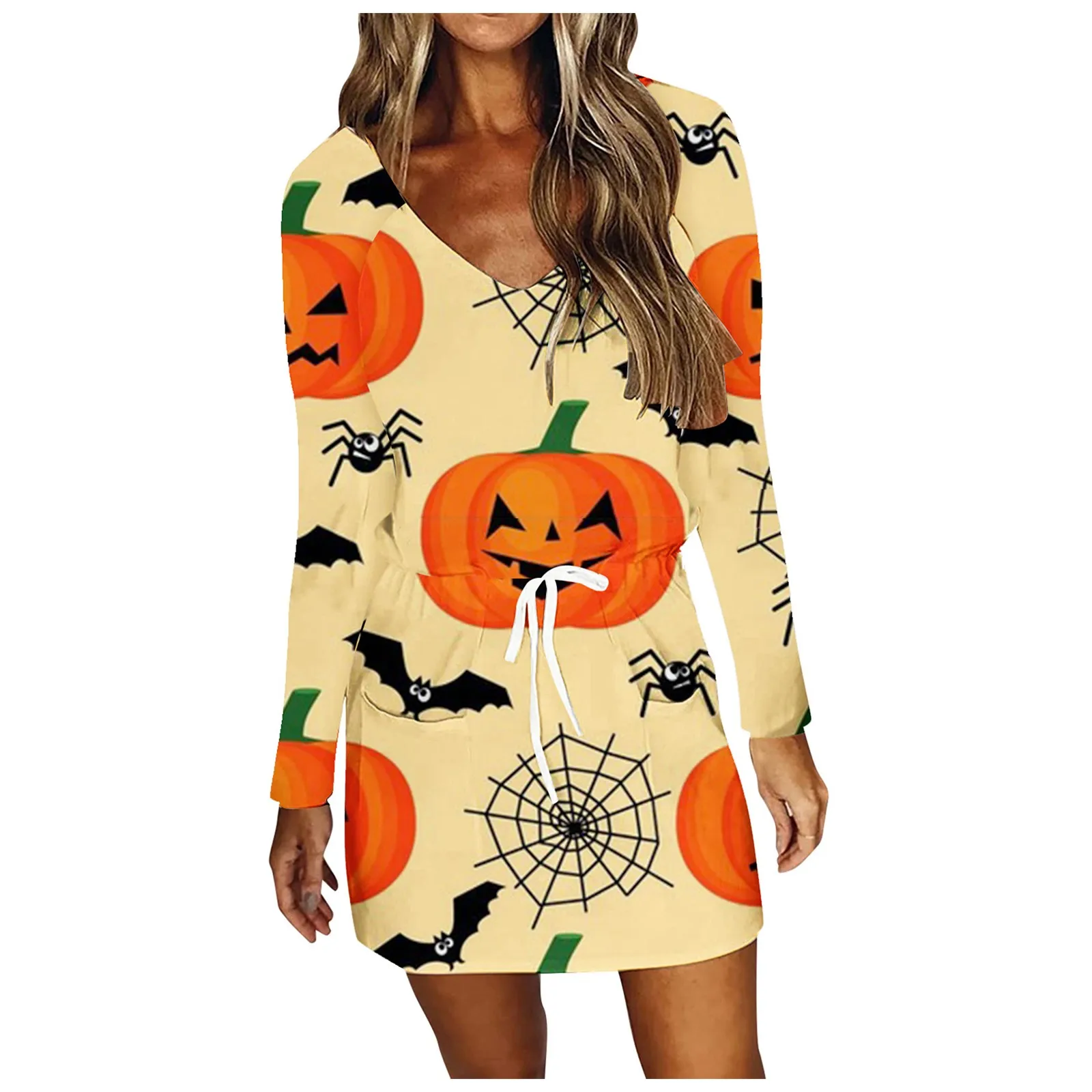 Halloween Women's Dress Striped V-neck Pumpkin Printed Long Sleeve High Waist Dress Long Sleeve Mini Length Princess Dress Mujer 1