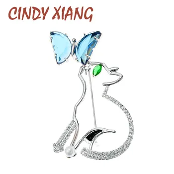 

CINDY XIANG Cubic Zirconia Cat And Clear Crystal Butterfly Brooches For Women Beautiful Fashion Copper Jewelry Animal Design