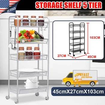 

4/5 Layer Food Trolley Cart Basket Metal Rolling Wheels Slide Kitchen Storage Rack Bathroom Shelf Space Holder Saving Organizer