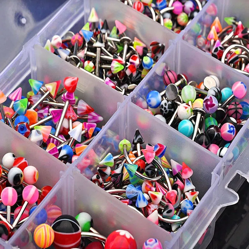 Body Piercing Jewelry 50/100PCS Mixed Acrylic Surgical Steel Nose Ring Tongue Bar Navel Eyebrow Lip Labret Piercing Set