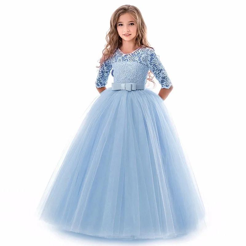 Детское праздничное платье свадебное платье для девочек платье с длинными рукавами для первого причастия для девочек бальное платье принцессы для девочек 8, 10, 12 лет - Цвет: Light blue