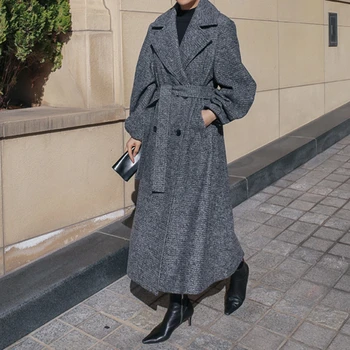 

LANMREM 2019 New Over The Knee Woolen Coat Female Long Section Korean Version Of The Thick Lapel Solid Color Loose Coat PB809