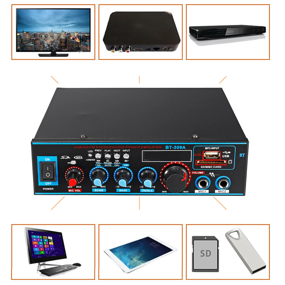  800W 12/220V HIFI 2CH Power Amplifier Audio Home Theater Sound System Audio Mini Amplifier Bluetoot