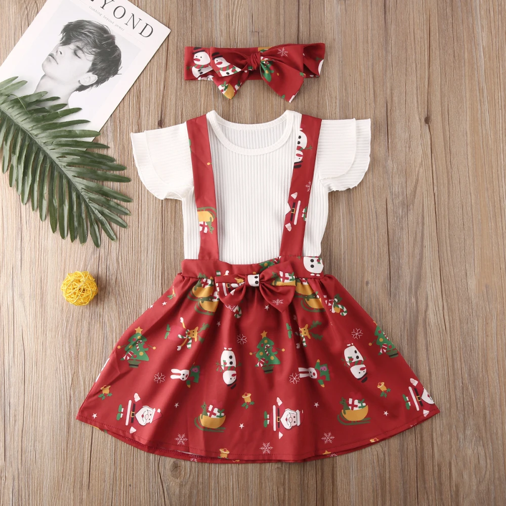 PUDCOCO/Рождественская Одинаковая одежда для маленьких девочек Топы+ юбка на подтяжках комплект из 3 предметов для малышей, трикотажный топ с рукавами-крылышками, комплект с юбкой