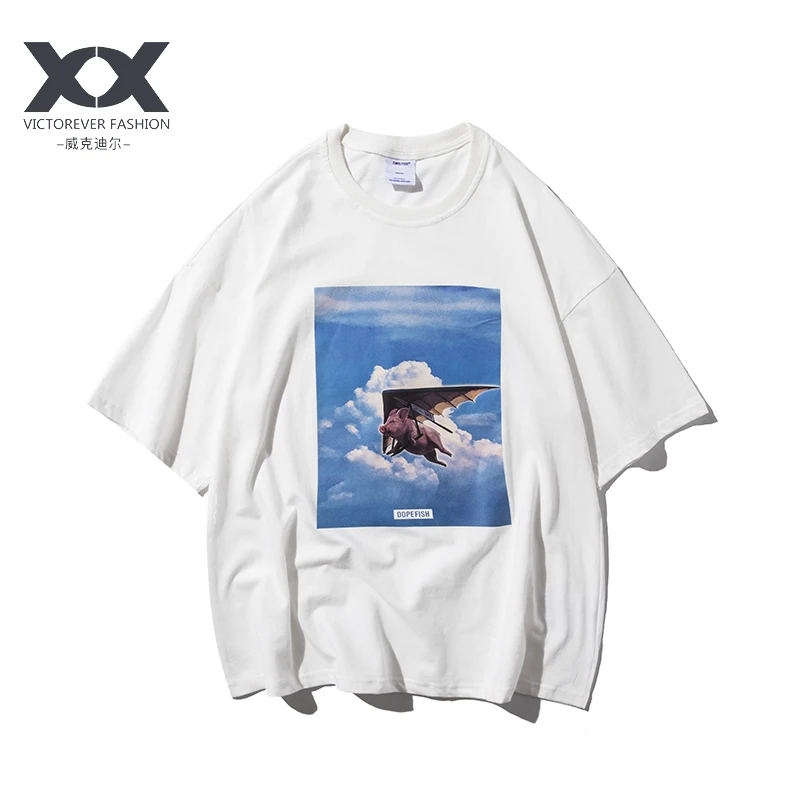 

Original Fun Print Round Neck Short Sleeve T-Shirt Men Loose Drop Shoulder Sleeve Youth Hip Hop Street T-Shirt