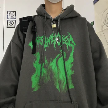 

Harajuku flame print hoodies female loose hooded plus fleece pullover cartoon doodle letters sweatshirt ins autumn hoodies