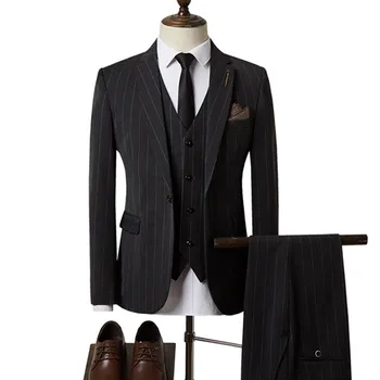 

Groom Wedding Suit Three-piece Fashion British Style Men's Stripe One Button Jacket Pants Vest High-end Large Slim Suit