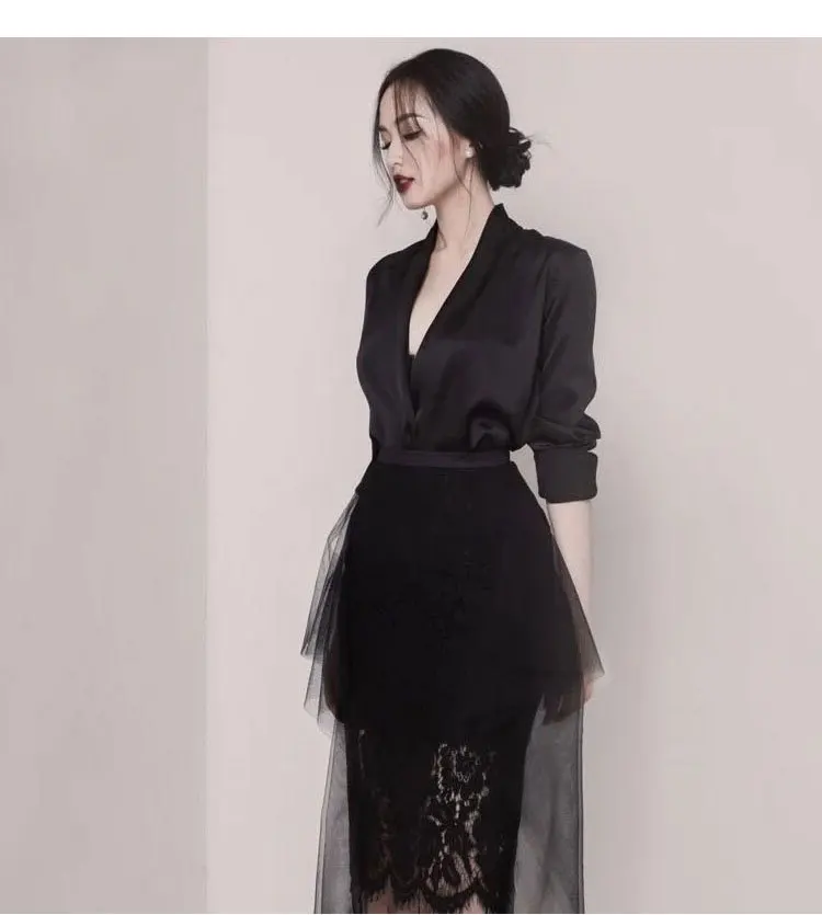 Black Новинка, модная юбка костюм черный Для женщин белая блузка из кружева и Юбка из сетчатой ткани Двойка OL Для женщин профессиональная одежда женский наряд - Цвет: Black