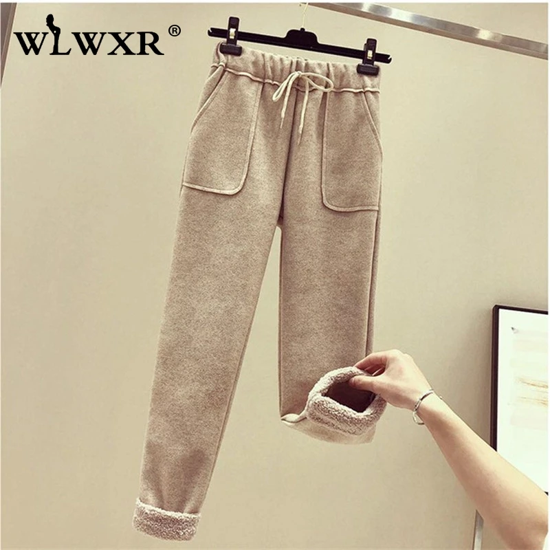 WLWXR осень зима флисовые черные брюки женские уличная эластичная высокая талия брюки женские повседневные дамские брюки свободные брюки