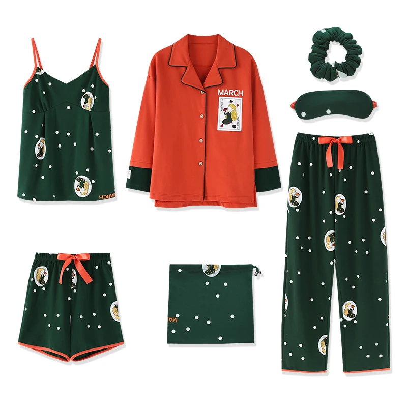 

Pajamas 7 Pieces Adjustable Strap Spring Summer Lingerie Sleepwear Homesuit Blindfold Fashion Women Clothes 2020 White Dots