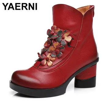 

YAERNI Winter Women Vintage Floral High Heels Cotton Boots Thick Sole Ethnic Embroidery Genuine Leather Boots Mother's Day Shoes