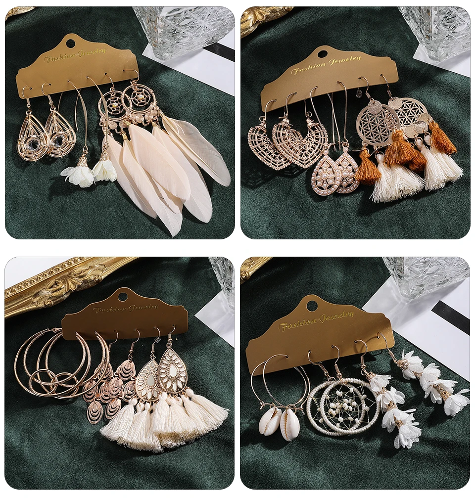 2020 Boho Big Round Circle Beige White Tassel Earrings Set For Women Ethnic Vintage Bohemian Fringe Earring Bride Wedding Jewelry Accessories Wholesale Dropshipping (2-1) (4)
