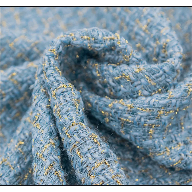 Blue Gold Wire Plaid Weave Tweed Fabric For Coat Skirt Tissus Au Mètre Telas Por Metro Tкань для шитья Tissu Sewing Tela Tecido