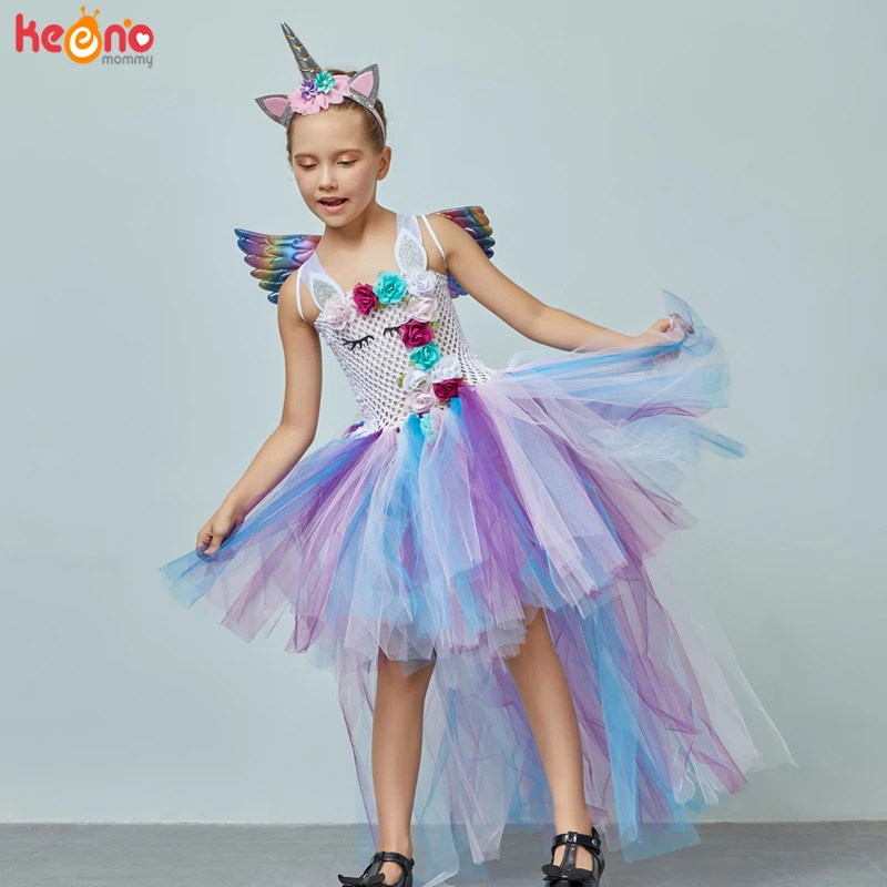 Платье-пачка с цветочным рисунком и единорогом для девочек, с повязкой на голову и крылышками, нарядное платье с единорогом для дня рождения костюм на Хэллоуин
