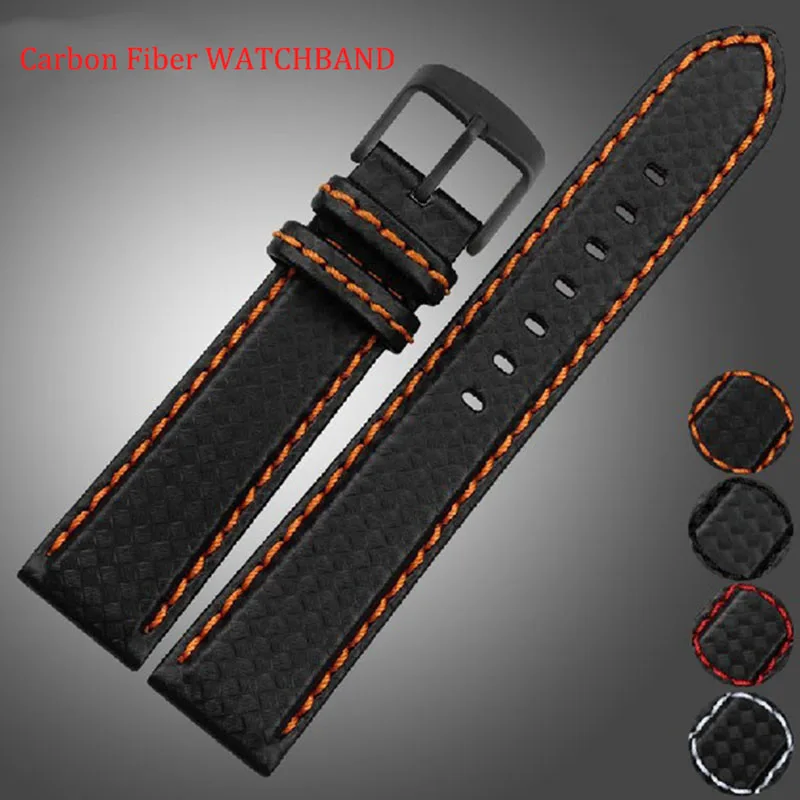 Men's Carbon Fiber Watch Strap with Red Stitching and Leather Lining, Stainless Steel Clasp
