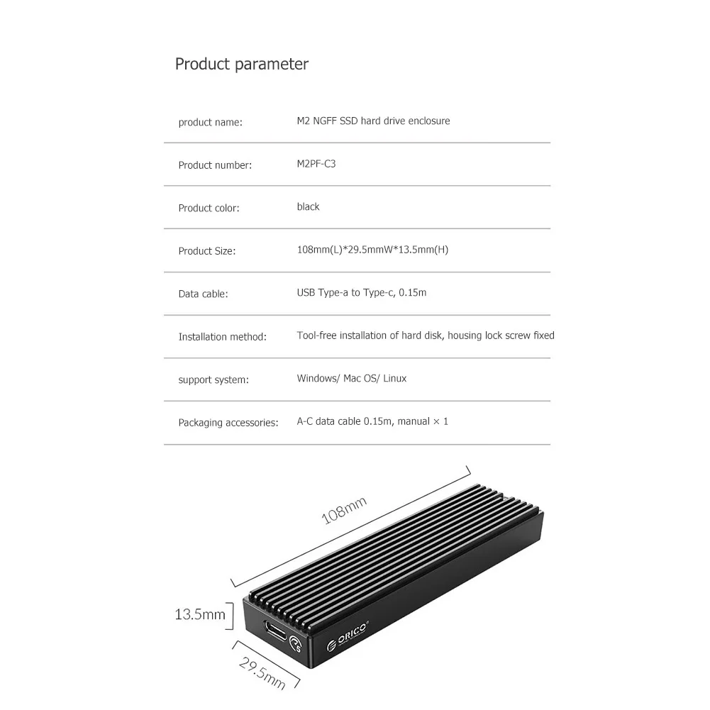 M2PV-C3 10/5Gbps M.2 NVME SSD Enclosure Type-C Solid State Drive Mobile Case HDD Case with USB Cable Pouch New hard disk box 3.5 HDD Box Enclosures