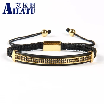 

Ailatu Wholesale 10pcs Fashion Mens Jewelry Micro Pave Brass Black Cz Double Long Tube Watch Protector Macrame Bracelets