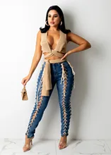 

2021 Autumn Women Jeans Pants Cross Bandage Skinny Jogger Pants High Waist Clothes For Women Outfit