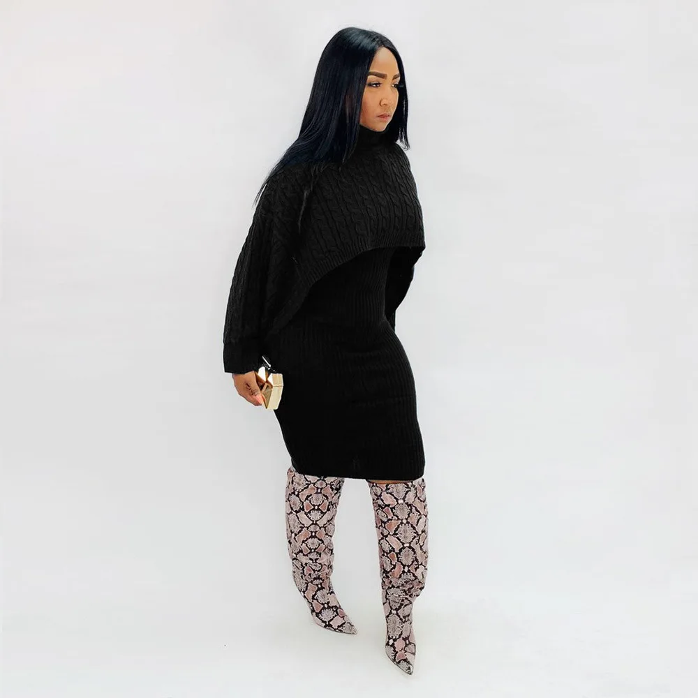 Autumn Winter Knitted Sweater Two Piece Set Turtleneck Long Sleeve Loose Crop Top+ Bandage Midi Tank Dress Plus Size Tracksuit