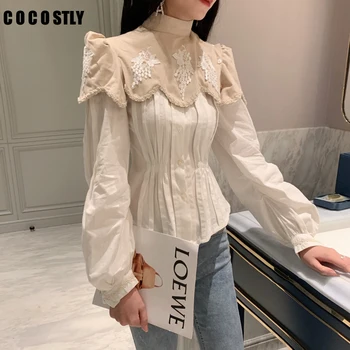 

Women Blouse Stand Collar Long Sleeve Women Shirt Patchwork Puff Sleeves Ladies Tops Retro Woman Tops Autumn Winter