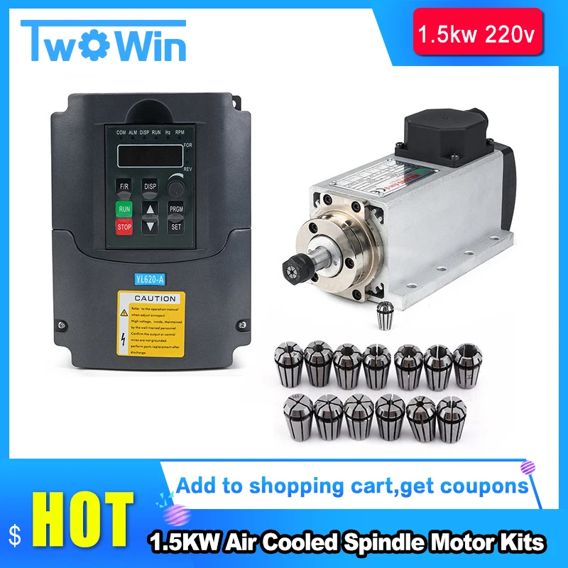 New CNC 1.5kw 220V/110V Air-Cooled Spindle Kit 1500W Square Air Cooling Spindle Motor + 1.5KW VFD Inverter + 13pcs/Set ER11