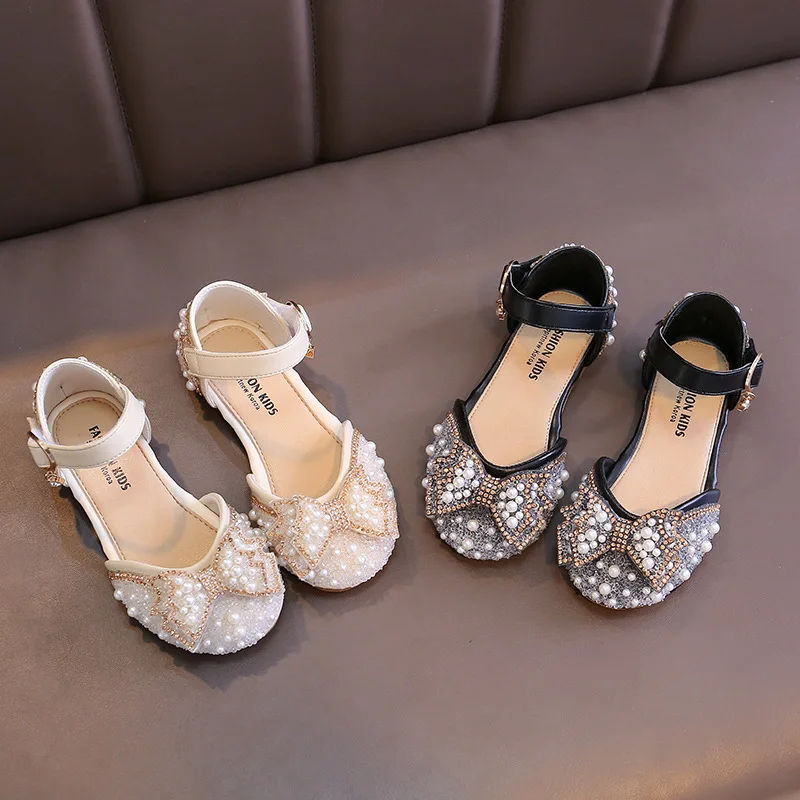 Children Sandals Girls Princess Sandals Summer Baby Pearl Rhinestones Bow Single Shoes Non-slip Flat Children's Shoe