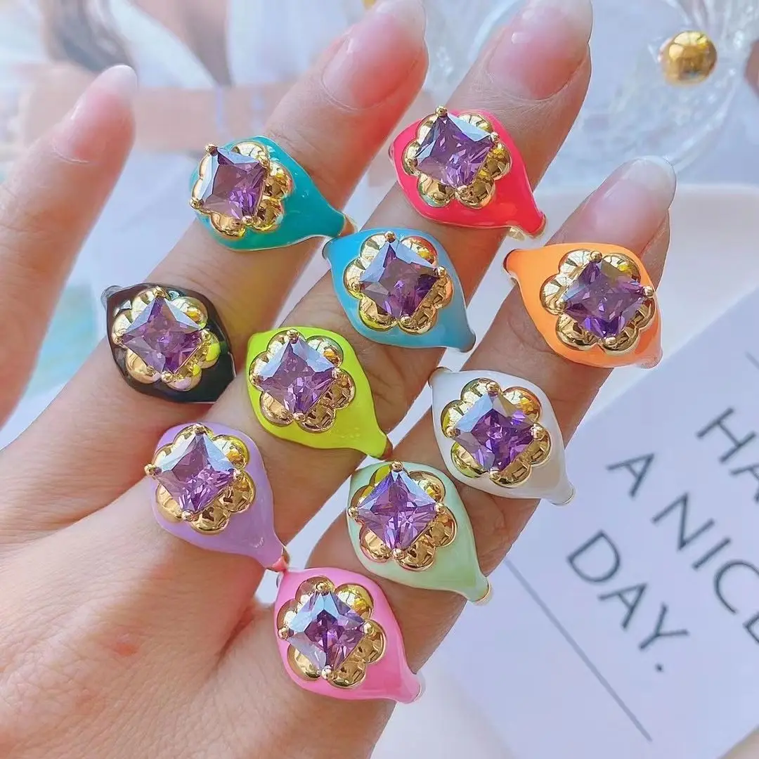

8Pcs Popular European Trendy brass adjustable gold plated rainbow enamel rings with purple crystal stone for women