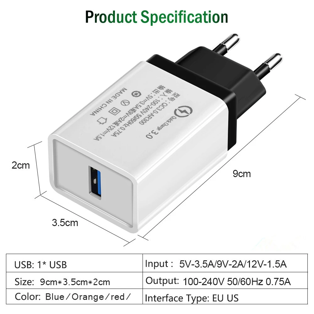 18 Вт EU/USA Быстрая зарядка QC 3 0 USB зарядные устройства для телефонов кабель быстрое