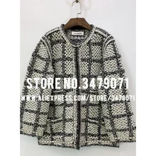 Осень Зима женское клетчатое вязаное шерстяное Пальто Повседневное свободное с цепочкой по краю модное вязаное пальто-кардиган