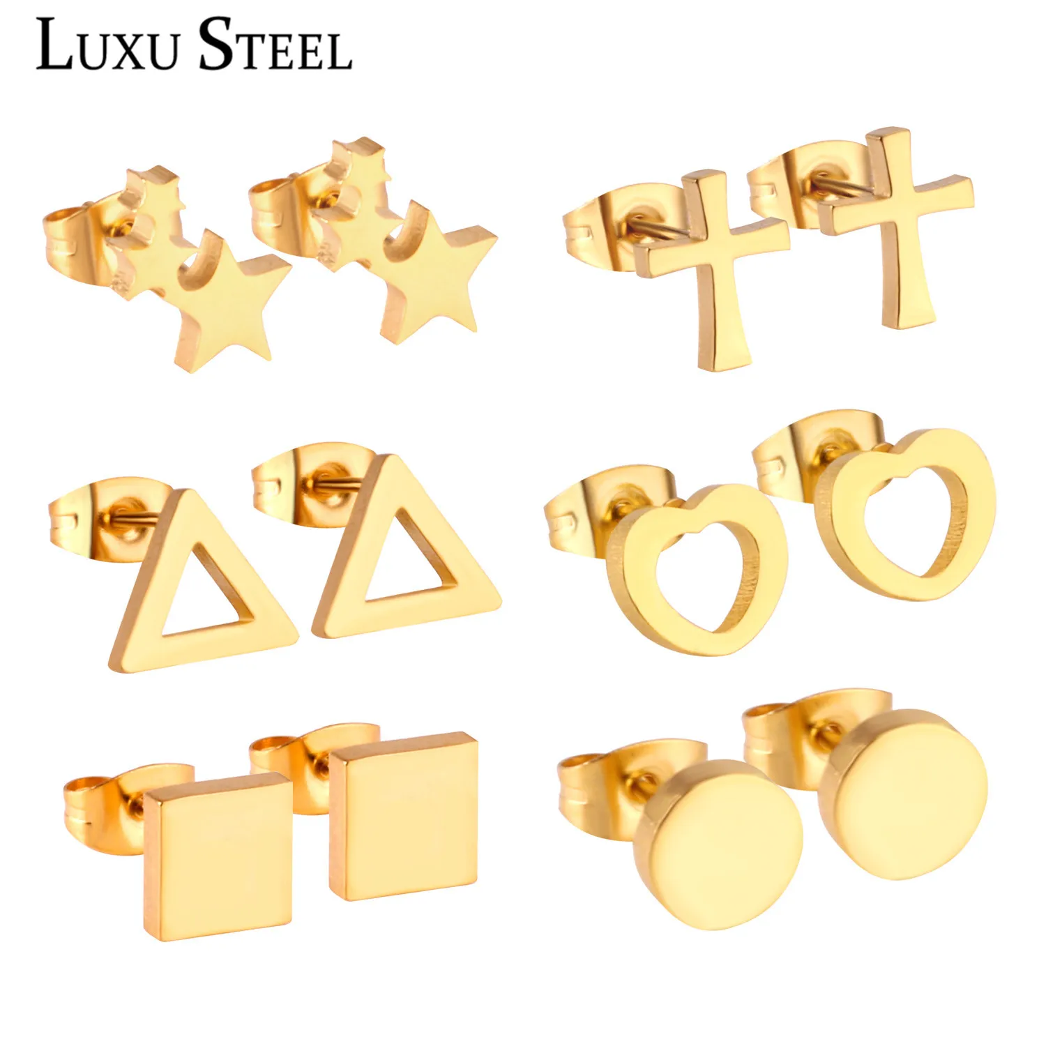 Наборы сережек LUXUSTEEL круглые/звезда/Сердце/квадрат/треугольник/крестообразная