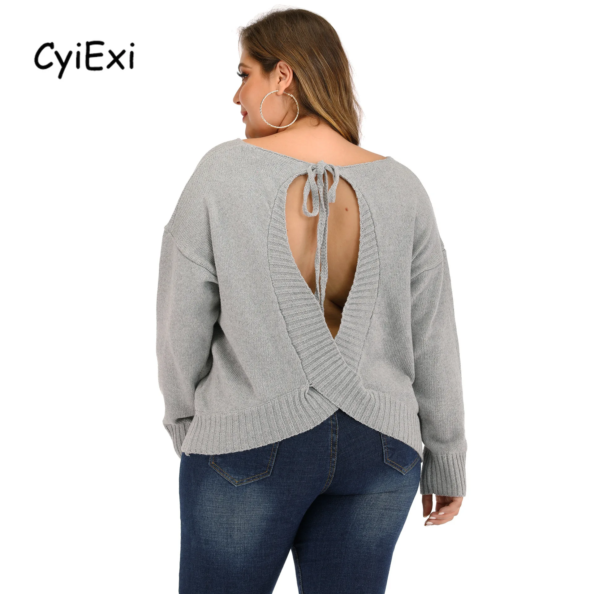 

CyiExi Autumn Winter Plus Size Woman Knitted Sweater Pullover Casual Sexy V-neck Backless Lace Up Sweaters Female Big Size 3XL
