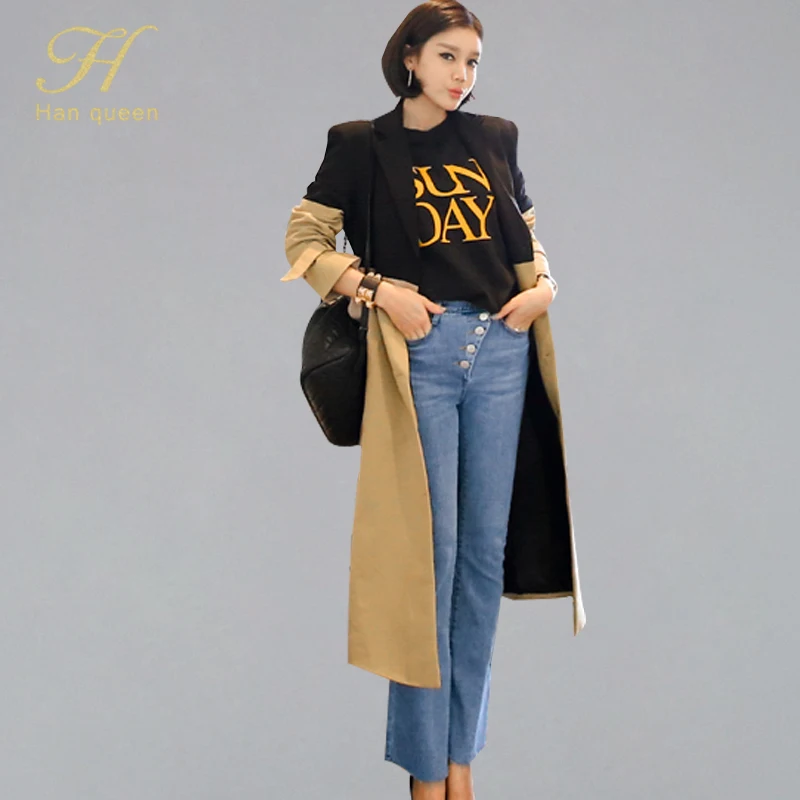 

H Han Queen Retro Patchwork Contrast Color Notched Neck Outwear Trench Women 2019 Autumn Winter Single-breasted Pencil Trenches