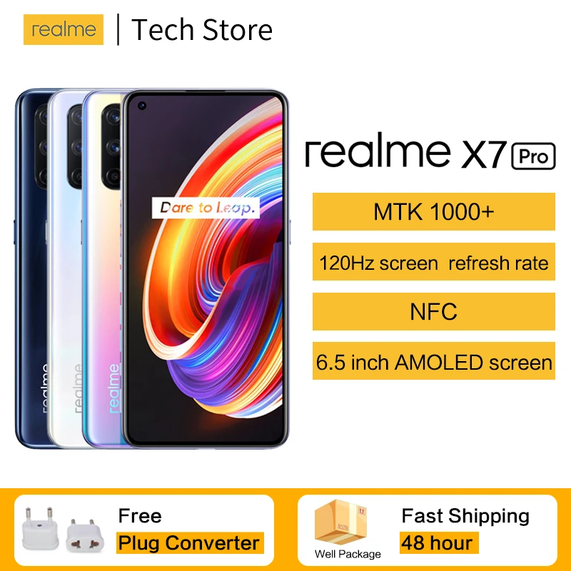 Original dupla 5g nfc realme x7 pro smartphone 6.55 120120tela 120hz atualização taxa 65w inteligente vooc mtk1000 + 64mp quad câmera celular