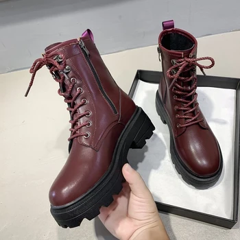 

Young Women Leather Boots Anti-slip Waterproof Platform Western Boots Wedge Heel Lace Black White Plus Velvet Winter Warm Boots