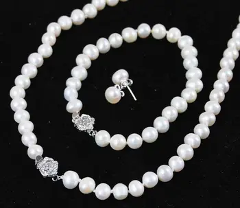 

8-9mm White Cultured Pearl Jewelry Bracelet7.5" Necklace18" Earrings Set
