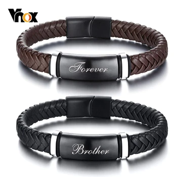 

Vnox Stylish Men's Leather Bracelets with Black Stainless Steel ID Bar Custom Personalized Service Jewelry