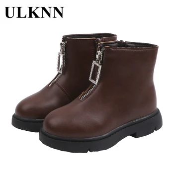

ULKNN Children Martin Boots Winter PU Leather Warm Waterproof Plush Snow Shoes Outdoor Non-slip Girls Fashion Sneakers Brown