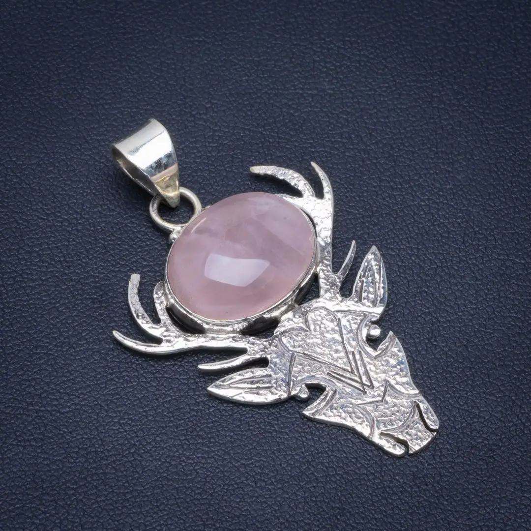 

Natural Rose Quartz Handmade Unique Reindeer 925 Sterling Silver Pendant 1.75" B3149