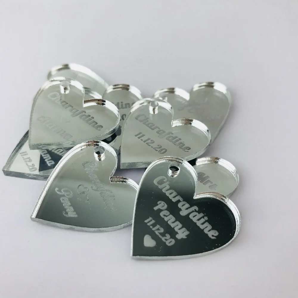 50pcs Custom Mirror silver Heart Label Tag Personalized MR MRS Wedding party souvenirs Table Decoration Centerpieces Favors (5)