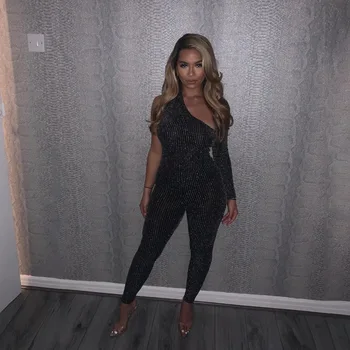 

2020 New Spring Summer Women's Sexy Body-con Ribbed Jumpsuits Hollow Out One Shoulder Night Club Wear One Piece Skinny Rompers