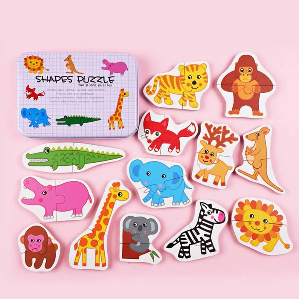 Деревянные игрушки головоломка для детей 3 лет с железной коробкой животные/овощи/фрукты/дорожные насекомые/птицы Развивающие детские игры - Цвет: land animals model