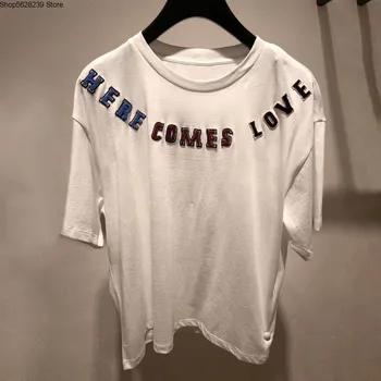 

French Elegant 2020 Summer Color Embroidery Letter Loose Joker Round Neck Women's Wear Short Sleeve T Shirt 20015