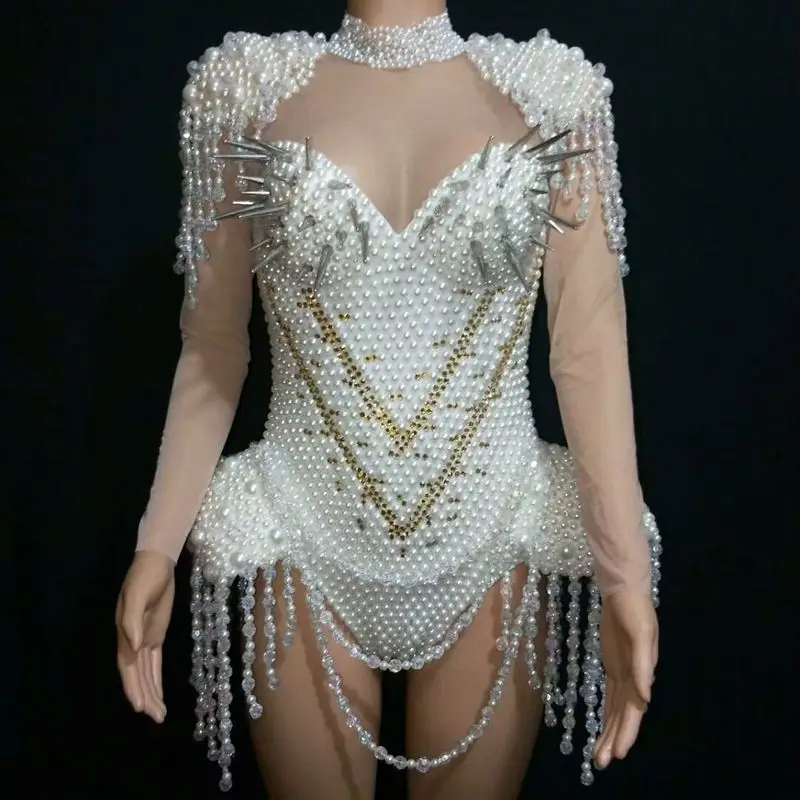 

White Pearls Beading Bodysuit Jazz Dance Outfit Evening Stage Performance Costume Prom Birthday Dress Women Singer Dance Clothes