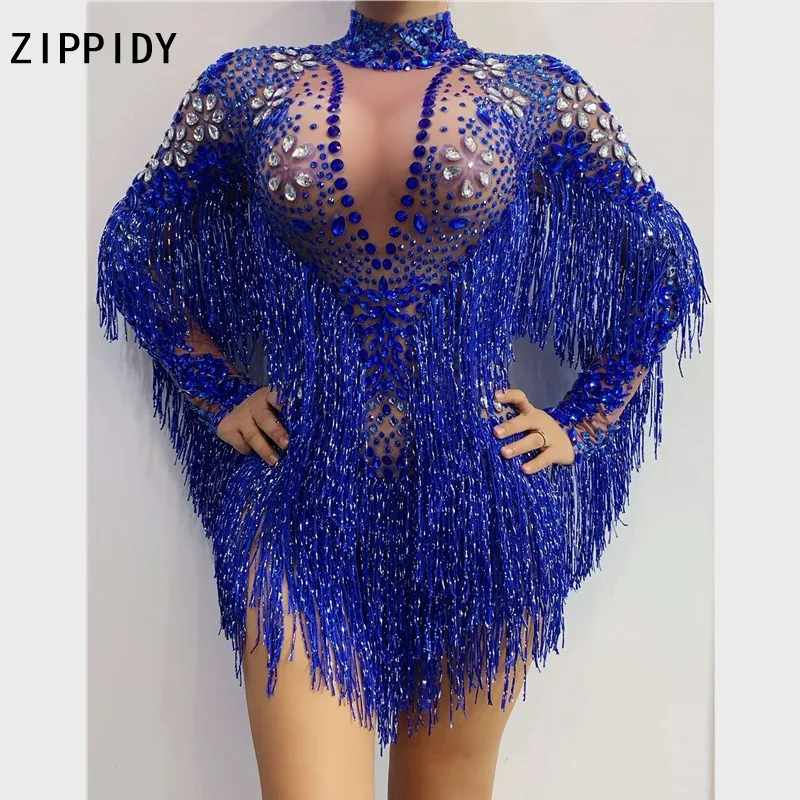 Blue Silver Rhinestones Transparent Fringe Bodysuit Birthday Celebrate Long Sleeves Dance Women Singer Outfit shenlan